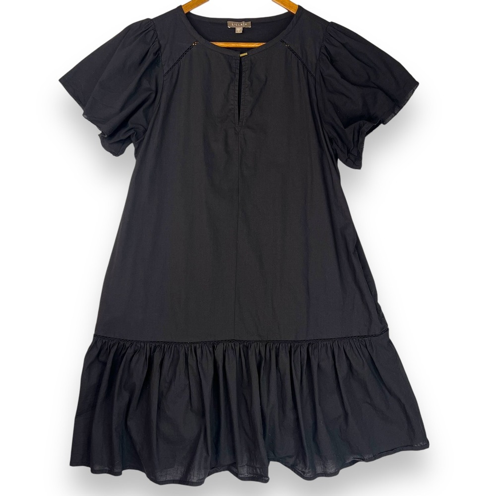 Lilla P 100% Cotton Dress Voile Flutter Sleeve Peplum Ruffle Hem Black Classic S